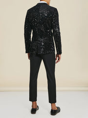Threebooy  Black Men Suits 2 Pieces Shiny Sequins Blazer Black Pants Double Breasted Modern Wedding Groom Formal Work Party Causal Tailored
