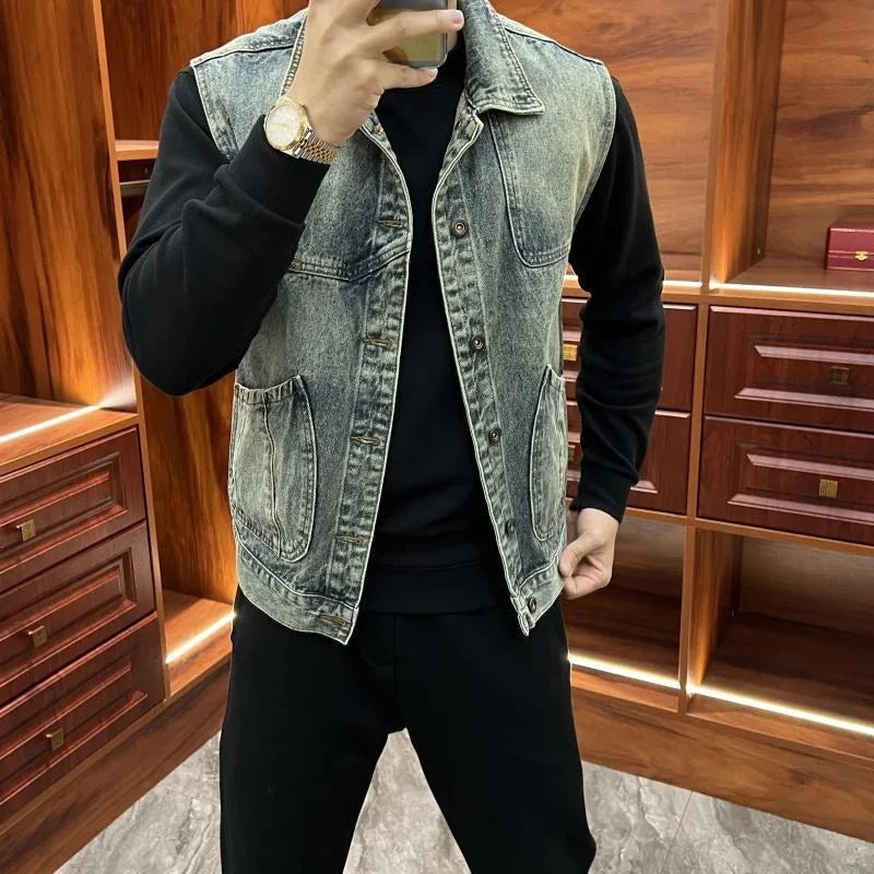 Threebooy  Vintage American Denim Vest for Men Loose Fit Collared Jacket with Zippered Pockets Layering Essential for Spring Autumn