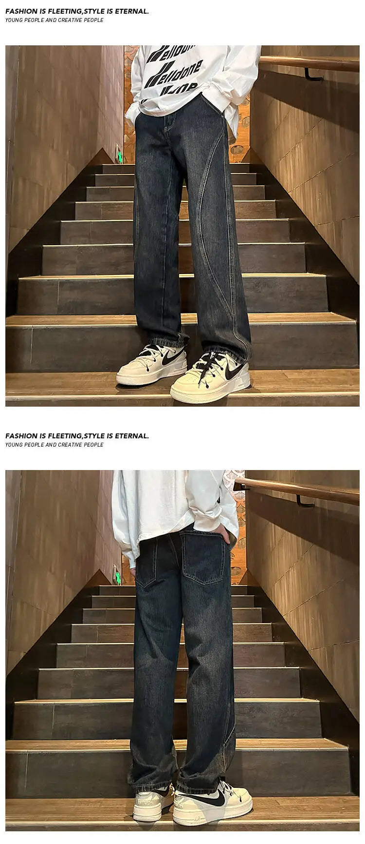 Threebooy Straight Leg Jeans Men Washed Solid Trousers Panel Design Denim Pants Autumn Fall Male Wear New 2025 High-quality denim pants