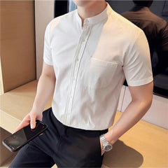 Threebooy  Summer 100% Cotton Stand Up Collar Striped Shirt Men's Casual Pocket Decoration Short Sleeved Shirt Business Social Dress Shirt