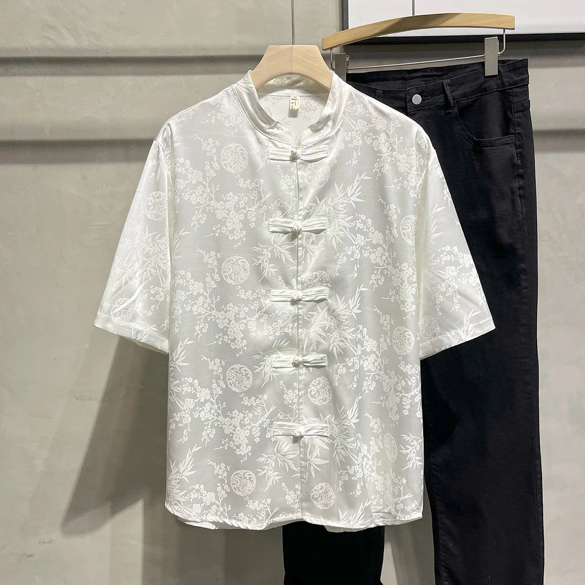 Threebooy  Chinese Style Men's Ice Silk Short-sleeved Shirt Men's Summer Ice Silk Fashion Trend Button Tang Suit Hanfu Thin Jacket Urban