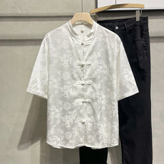 Threebooy  Chinese Style Men's Ice Silk Short-sleeved Shirt Men's Summer Ice Silk Fashion Trend Button Tang Suit Hanfu Thin Jacket Urban
