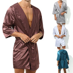 Threebooy  Hot Selling Men Summer Bathrobe Male Silk Short Sleeve Bath Robe Sexy Mens Dressing Gown Bathrobes(No shorts)