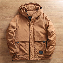 Threebooy Outdoor Windproof  Padded Jacket Plus Thickened Warm Large Pocket Workwear Casual Hooded Parkas Trendy High-end Button Up Coats