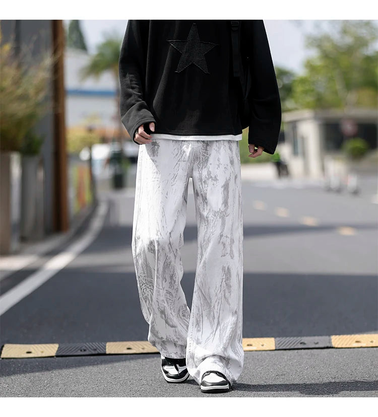 Threebooy Jeans Mens Classic Straight Leg Jeans White Tie Dye Denim Pants Unisex Fashion Casual Trousers Streetwear Hip Hop Style Washed