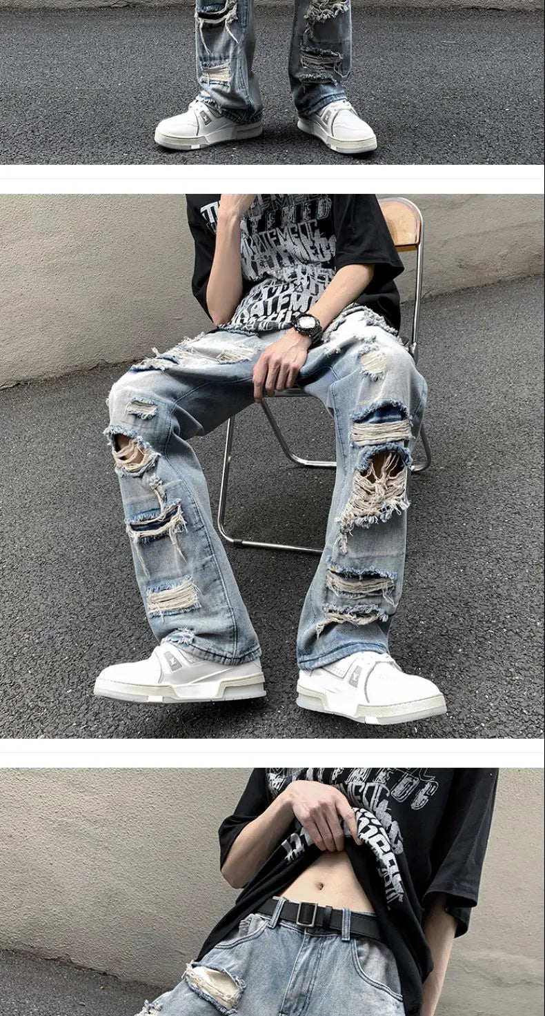 Threebooy European and American High Street Spring and Autumn Vintage Destruction Washed Straight leg Jeans Couple Hip Hop Casual Pants