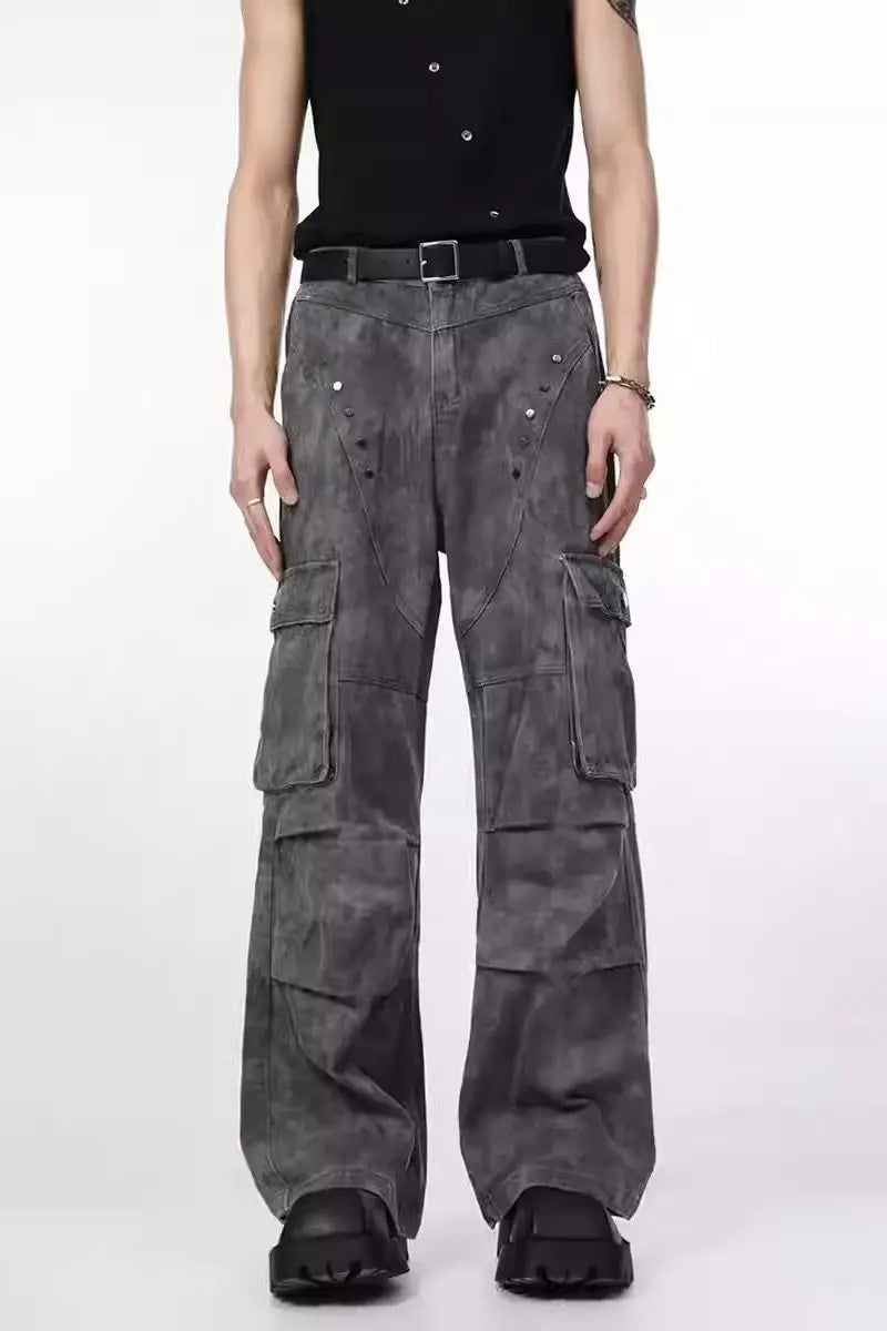 Threebooy American high street hip-hop men and women trendy personality straight leg multi pocket jeans couple loose retro casual pants