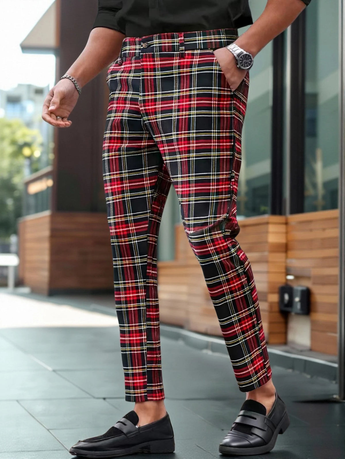 Threebooy  Men's Tartan Plaid Tapered Cropped Dress Pants Viscose Polyamide Elastane Slim Fit Business Casual Ankle‑Length Trousers