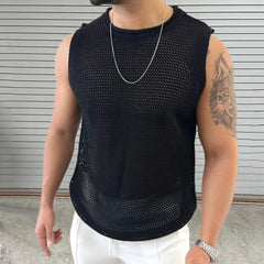 Threebooy  Mens Hollow Knitted Sports Fitness Vest Casual Breathable Personality Fashion All-Match Solid Color Sleeveless Tank Top Summer