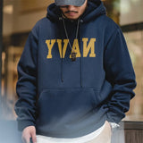 Threebooy Retro NAVY Mirror Hooded Fleece Sweatshirts for Men Padded Letter Printed Hoodies Autumn Pullover