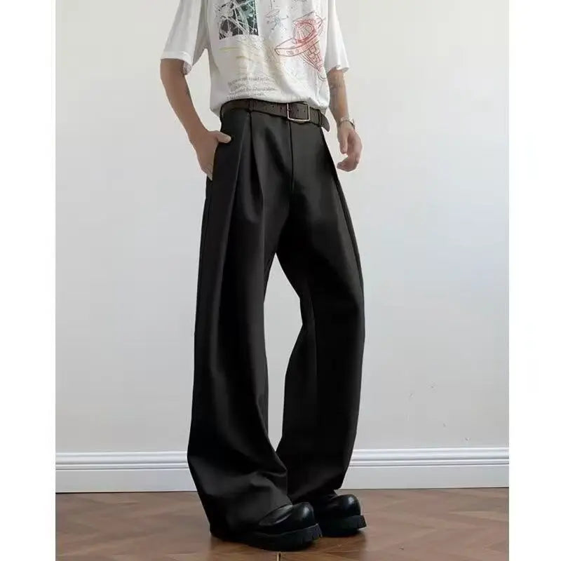 Threebooy  Spring Summer Pleated Wide Curved Trousers Men A-line Tailored Casual Suit Pants Streetwear Work wear Cleanfit Business