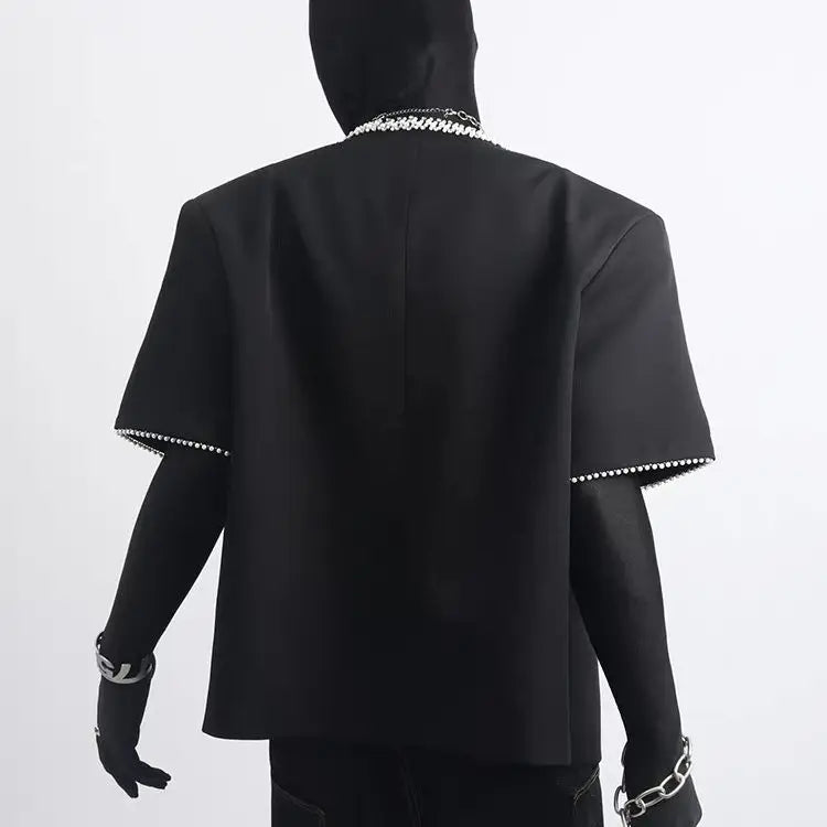 Threebooy Spring Summer Jacket Handsome Casual Short-sleeved Jacket Men's Beaded Border Design Fashion Button Up O-neck Top Aesthetic Coat