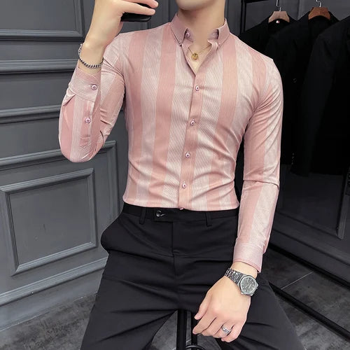 Threebooy  Autumn New Striped Long Sleeve Shirt Men's Korean Slim Business Dress Shirts Casual Streetwear Social Party Tuxedo Chemise Homme