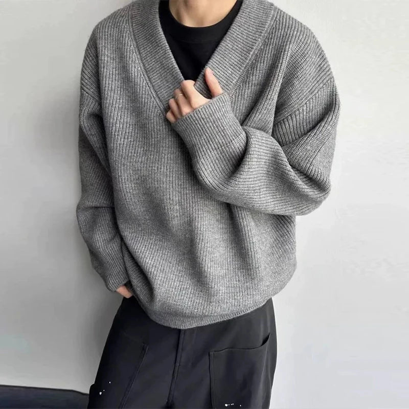 Threebooy  New American Vintge Men V Neck Sweaters Casual Drooping Solid Color Long Sleeve Knitwear Premium Quality Knitted Pullovers M-2XL