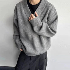 Threebooy  New American Vintge Men V Neck Sweaters Casual Drooping Solid Color Long Sleeve Knitwear Premium Quality Knitted Pullovers M-2XL