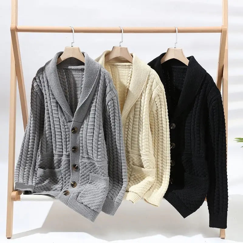 Threebooy Korean Version Retro Hand-woven Twisted Twisted Sweater Men's Spring Autumn Thickened Sweater Lapel Cardigan Trendy Jacket Chic