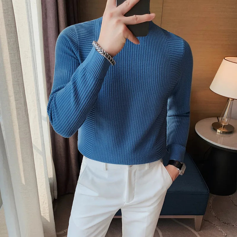 Threebooy Clothing Men's Winter Warm Knitting Sweaters/Male Slim Fit High Collar Stripe Casual Pullover Man Fashion Seaters