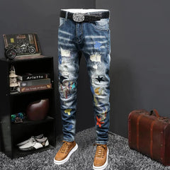 Threebooy Retro Embroidered Patchwork Hole Men Jeans Hip Hop Fashion Trendy Jeans Pant Men Printed Ripped Jean Men Slim Jeans Without Belt