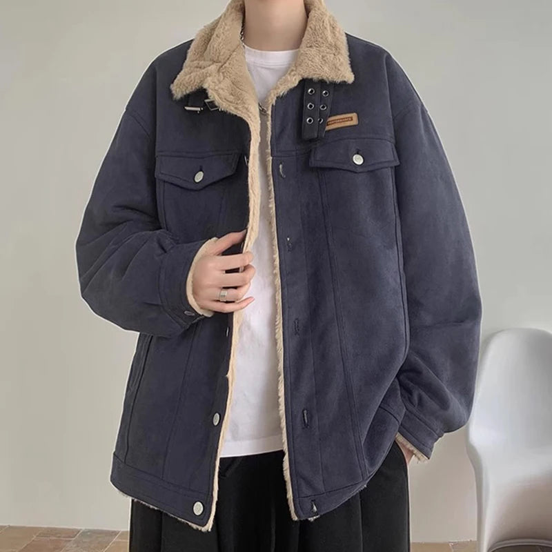 Threebooy  New American Fleece-lined Men Padded Jackets Luxury Harajuku Long Sleeve Streetwear Winter Trendy Chic Turn-down Collar Coats