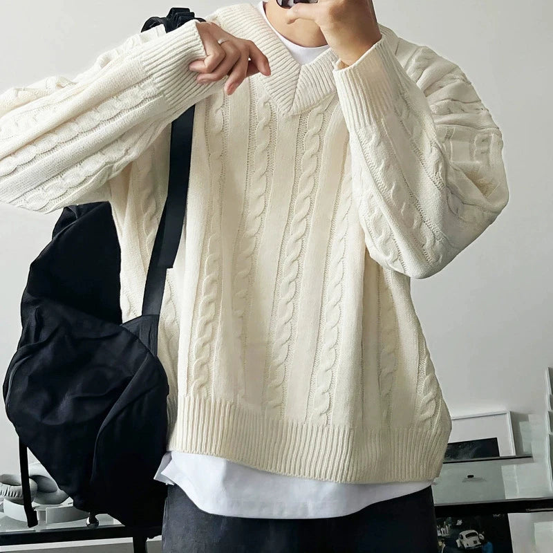 Threebooy  New American Retro Men Jacquarded Sweater Casual V Neck Solid Color Long Sleeve Knitwear Premium Quality Knitted Pullovers M-2XL