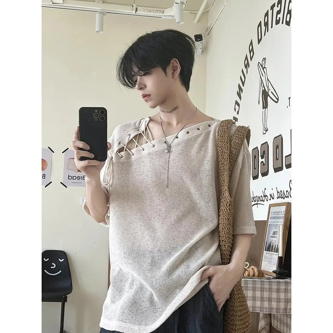 Threebooy Street Punk Shirt Off-shoulder Hollow T-shirt American 2025 New High-end Style Fashionable Casual Loose Short Sleeves