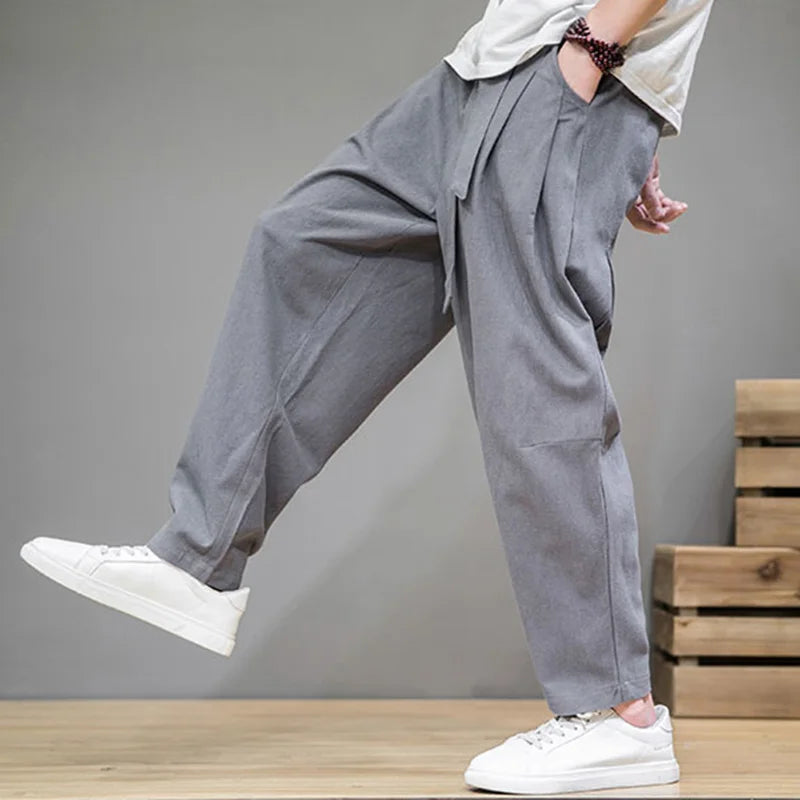 Threebooy Spring Cotton Linen Pants Men Elastic Waist Casual Harem Pant Loose Sweatpants Traditional Chinese Trousers pantalons homme