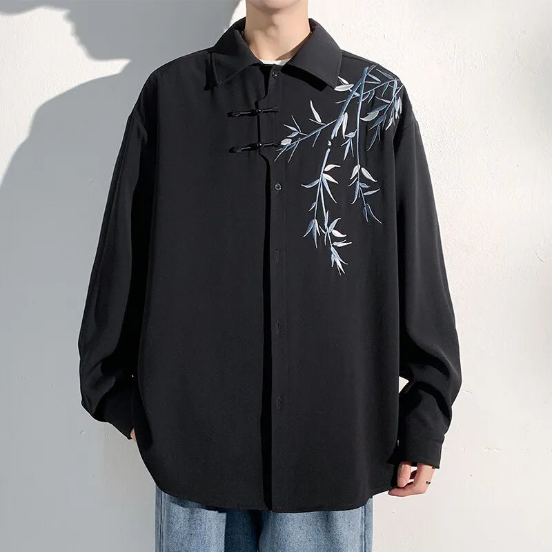 Threebooy Men Loose Fit Embroidered Floral Casual Shirt Streetwear Oversized Comfortable Spring Summer Fashion Trendy Stylish Top Apparel