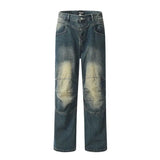 Threebooy Vintage Blue Jeans for Men Y2K Make Old Wash Straight-leg Pants with Button Pockets Trousers Loose A154