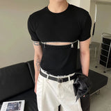 Threebooy 2024 Men T Shirt Zipper Solid Color O-neck Short Sleeve Fashion Men Crop Tops Summer Streetwear Casual Camisetas Navy Navel Tees