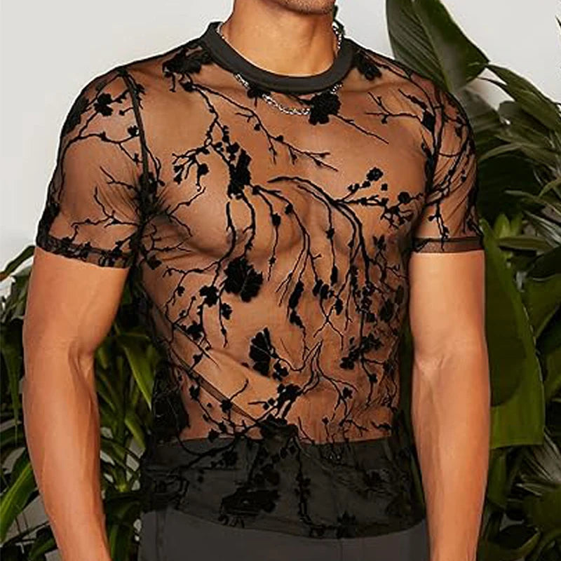 Threebooy  Summer Men's Clothing Mesh Lace Knit T-shirt Streetwear Hollow-Out O Neck Sweater Short Sleeve Tees Rose Printed Luxury Knitwear