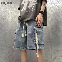 Cargo Shorts Men Denim Trousers Multi Pockets S-3XL Teens Hip Hop Washed Chic American Streetwear Fashion Elastic Waist Vintage