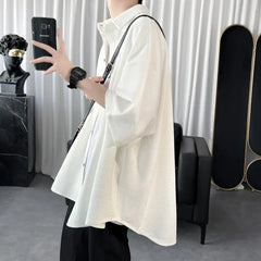 Threebooy Summer Cool Men Short-sleeved Shirt Solid Color Fashion Plicated Casual Loose Button Shirt Male Clothing Tops