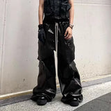 Threebooy Glossy Black Pu Leather Pants for Men High Street Y2k Pantalones Hombre Baggy Overall Wide Leg Drawstring Cargos