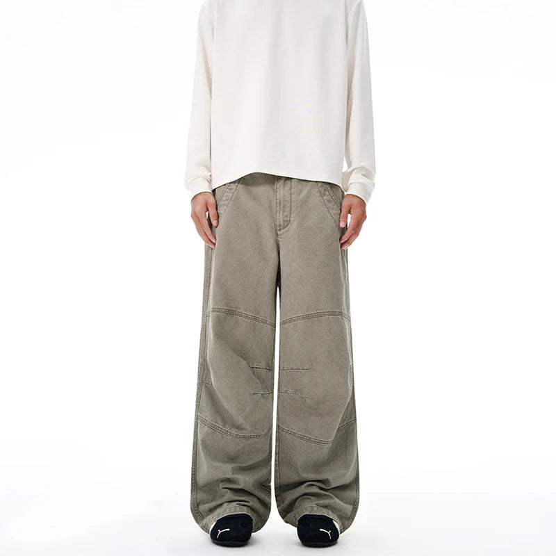 Threebooy 100% Cotton Autumn Men's Loose Trousers Oversized Fashion Spliced Hip Hop Streetwear Wide Legs Baggy Cargo Trousers