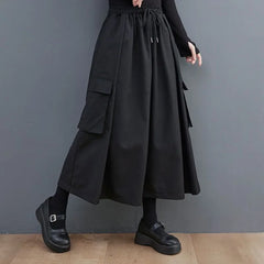 Threebooy Gothic Style Japanese Casual Large Pocket Culottes Fashion Loose Daily Versatile Elastic Waist Wide Leg Pants Unisex 2024 New