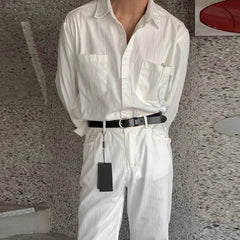 Threebooy  New Men Luxury Korean Style Shirts Casual Long Sleeve Drapped Solid Color Button-down Cardigan Fashion Business Leisure Blouse