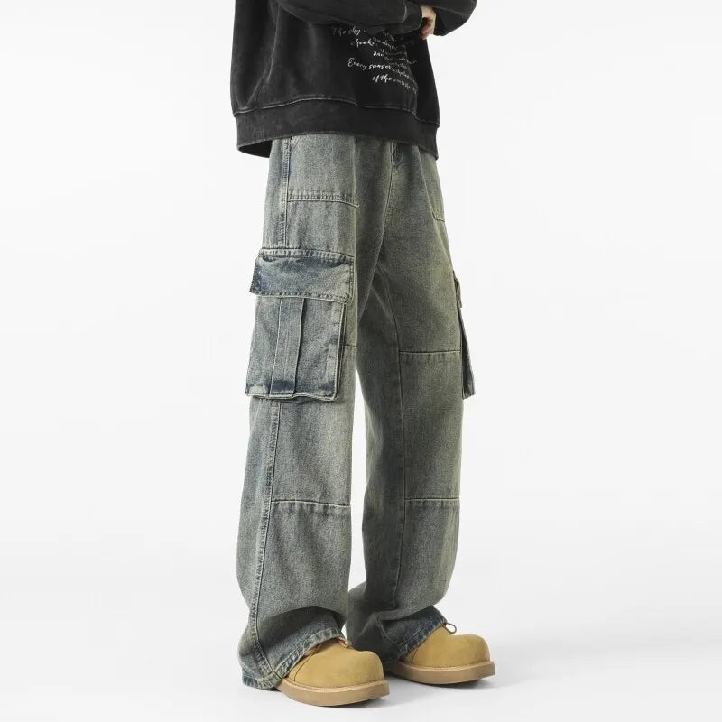 Threebooy Mens Loose Fit Straight Wide Leg Cargo Jeans outdoor Multi Pocket Patchwork Denim Pants Trending Streetwear Utility Style