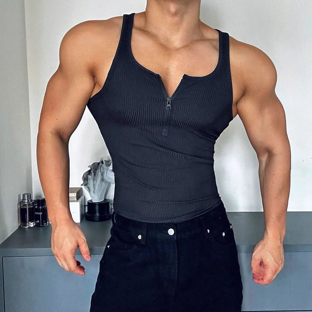 Threebooy Mens Vest Gym Sports Sexy Half Zip Tank Tops Summer Casual Jogging Streetwear Training Tight Sleeveless Tops Menswear