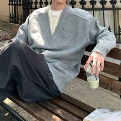 Threebooy Men's Color-blocking Patchwork V-neck Sweater Light Luxury Knitted Long Sleeve Pullover Autumn Korean Trendy Male Clothing M-2XL