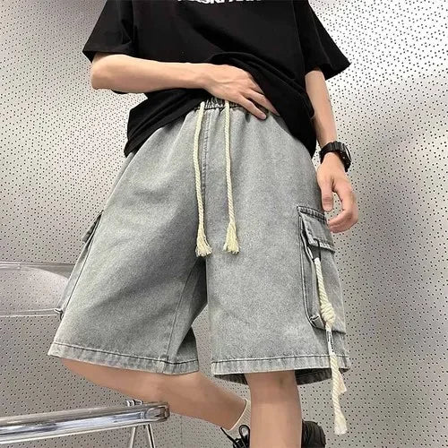 Cargo Shorts Men Denim Trousers Multi Pockets S-3XL Teens Hip Hop Washed Chic American Streetwear Fashion Elastic Waist Vintage