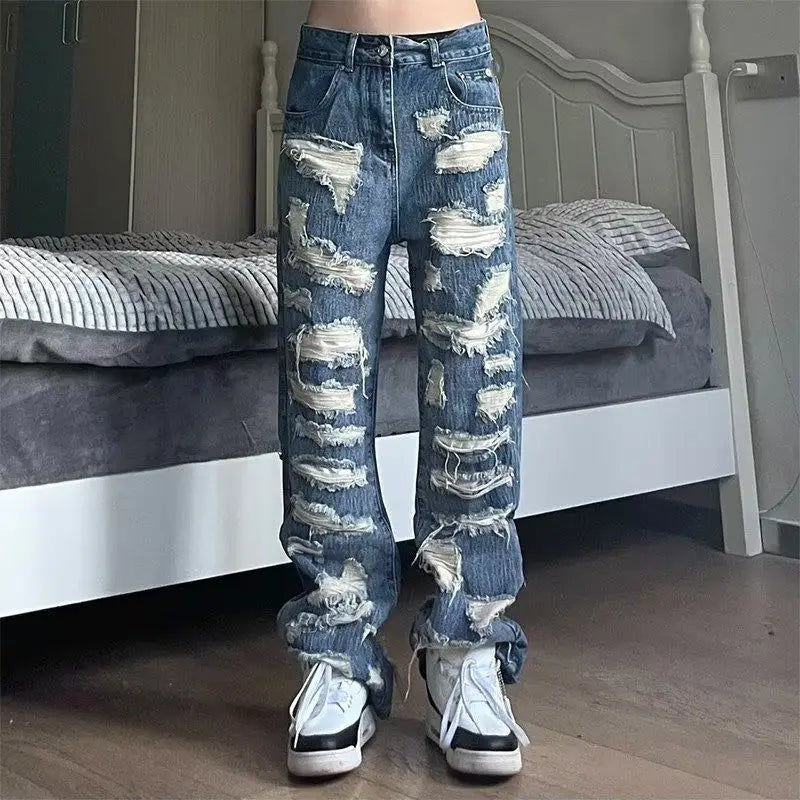 Threebooy American Style Broken Hole Old Jeans Loose Hundred New Pants Men's Streetwear Baggy Jeans  Y2k Jeans Ripped Jeans Men Pants