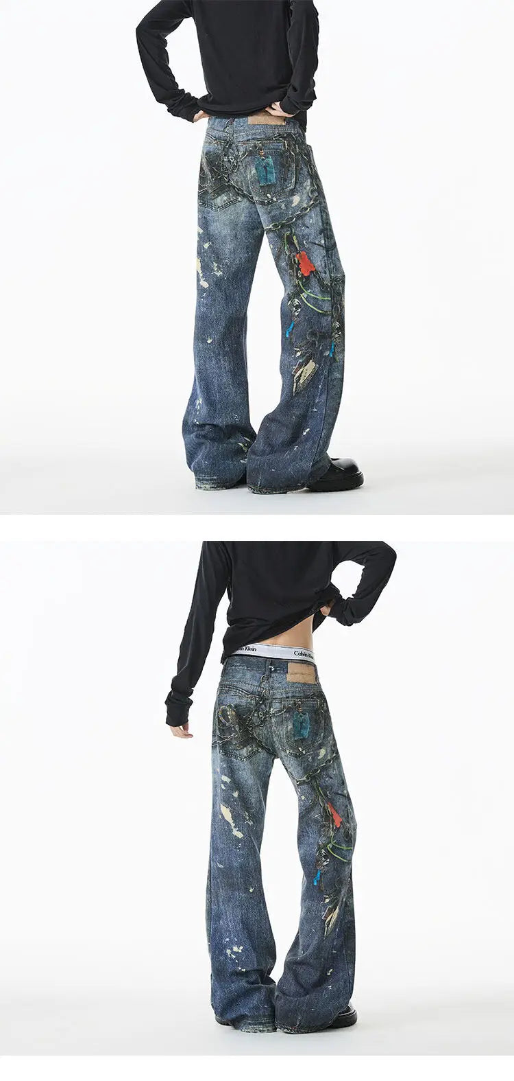 Threebooy Jean Men Unique Design Graffiti Street Style Drag Jeans Urban Trendy Fashion Distressed Long Fit Casual Denim Pants Edgy Hip Hop