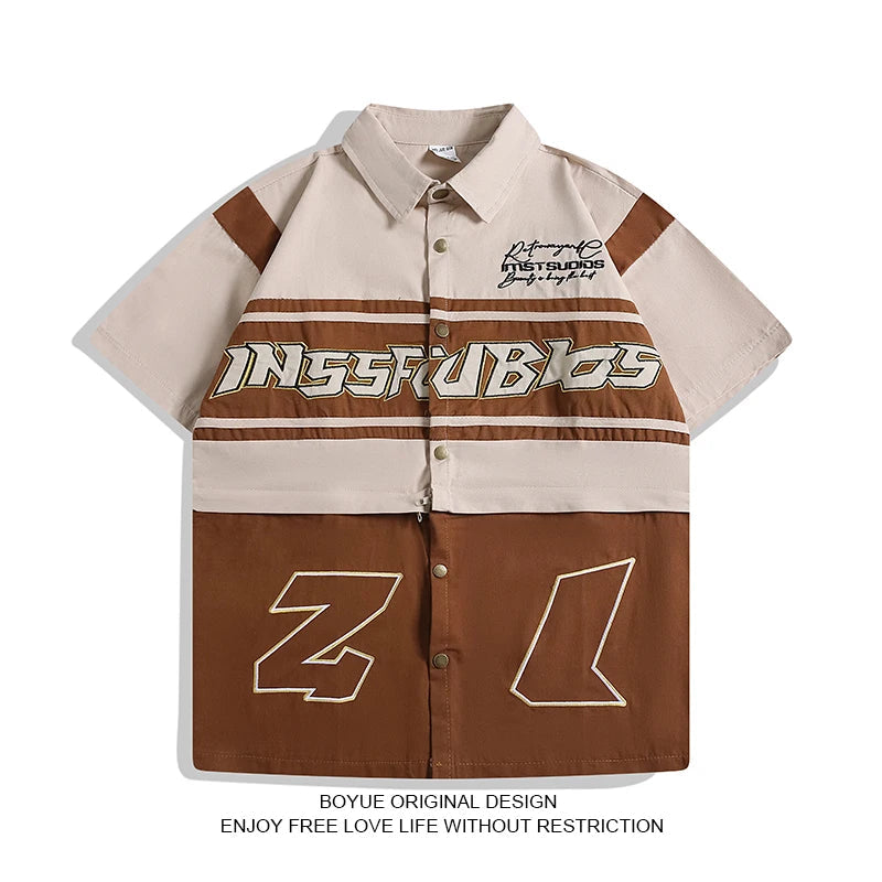 Threebooy American Retro Racing Suit Short-sleeved Shirt Men Korean Version 2025 New Fashionable High-end High-art Motorcycle Style Top