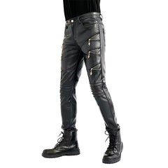 Threebooy New Arrived Skinny Biker Leather Pants Mens New Faux Leather Biker Trousers for Male Trouser Stage Club Wear