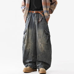 Threebooy Retro Multi Pocket Curved Knife Jeans Autumn And Winter Vintage Wide Leg Workwear Pants Korean Version High Street Men'S Jeans