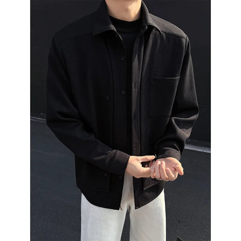 Threebooy Spring New Men's Shirts Long Sleeve Fake two pieces Solid Color Casual Shirt Harajuku Blouse Fashion Unisex Clothes coat