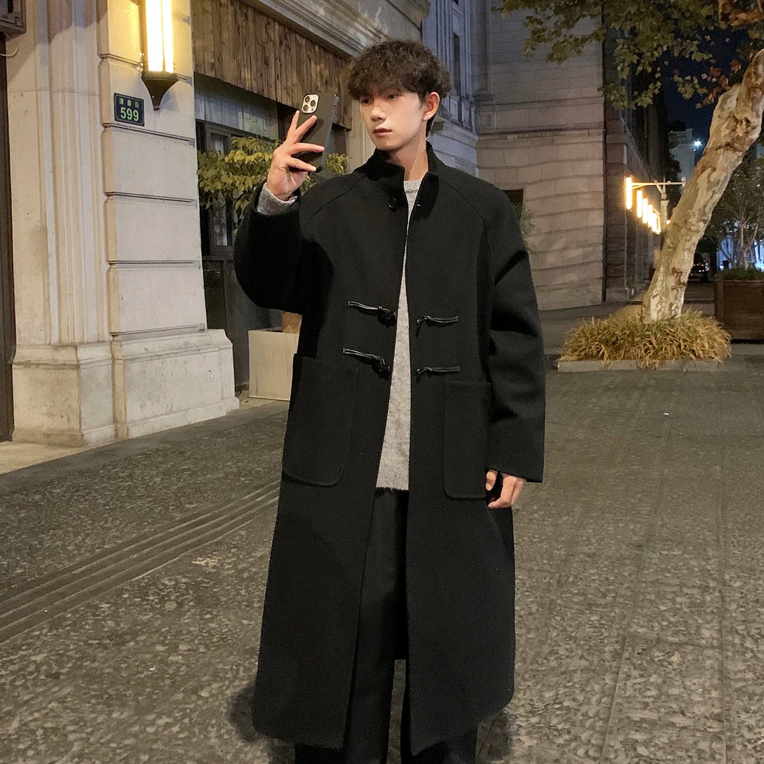 Threebooy Autumn Winter Men Horn Button Woolen Coat Mid Length Stand Collar Trench Coat Solid Color Big Pocket Overcoat Streetwear