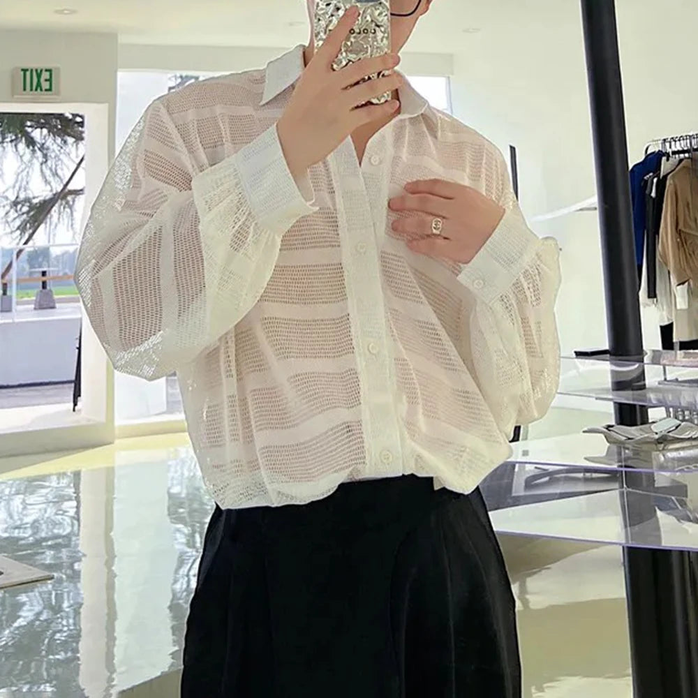 Threebooy  Summer New Men's Solid Color Striped Hollow Long-Sleeved Shirt Retro Fashion Trend Leisure Loose Breathable Niche Men's Tops