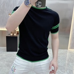 Threebooy  Summer Knitted Striped T-shirt for Men Elastic Ice Silk Short Sleeve Round Neck T-shirt Slim Fit Casual Business Tee Tops M-4XL