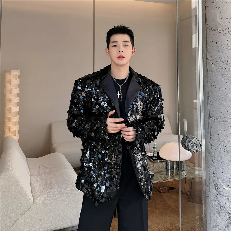 Threebooy Men's Sequins Blazer Glitters Bling Suit Jacket Singer Stage Shiny Clothing Black Silver Oversize Party Suit Coat Man